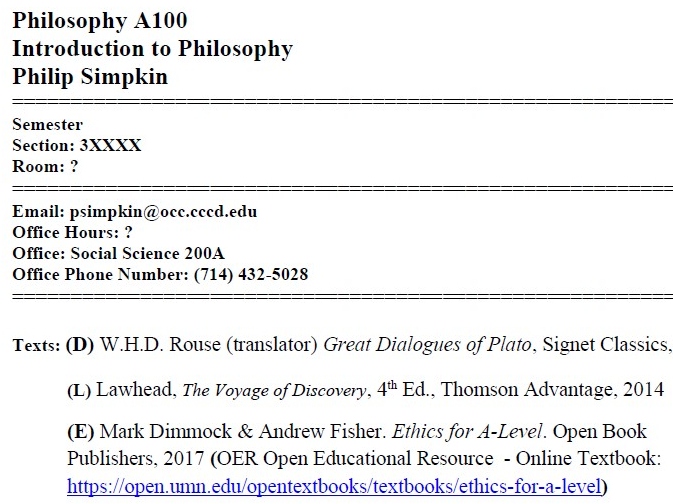 Intro to Philosophy A100 Syllabus